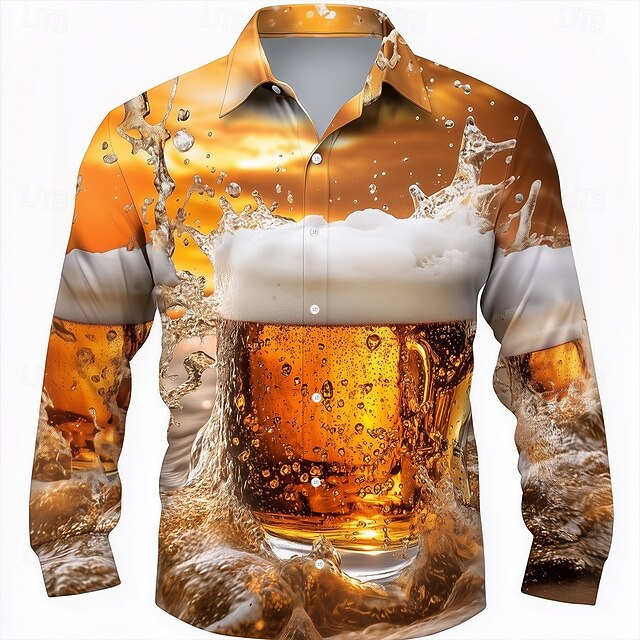Men's Oktoberfest Beer Shirt Button Down Shirt Hawaiian Shirt Long Sleeve Hawaiian Outdoor Vacation Holiday Summer Spring Turndown 3D Print Collared Shirts Orange4