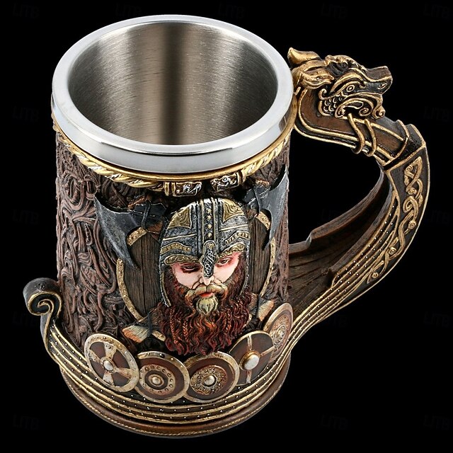 Caneca de pirata viking com cabeça de dragão medieval, caneca de presente para Oktoberfest, copo de cerveja de resina 3D com forro de aço inoxidável, utensílios de bar góticos para decoração de casa, pub ou taverna