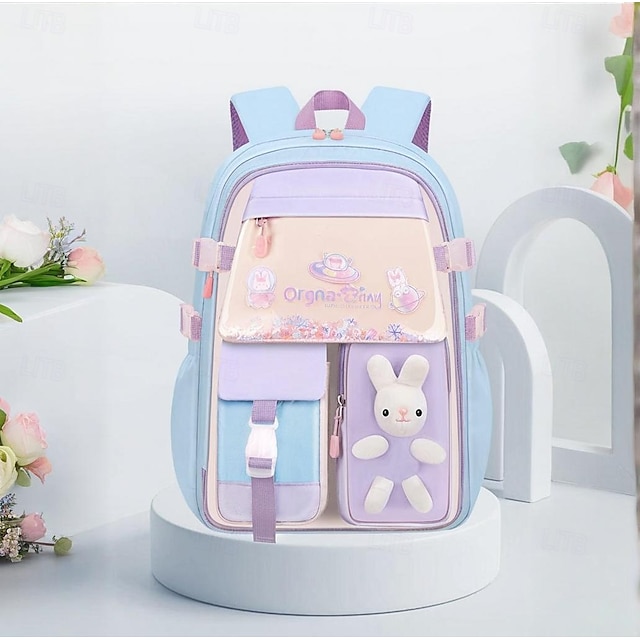  Kids and Teen Girls' Kawaii Backpack – Pastel Cartoon School Bag with Bunny Plush Charm and Multi-Pocket Organizer for Elementary and Middle School