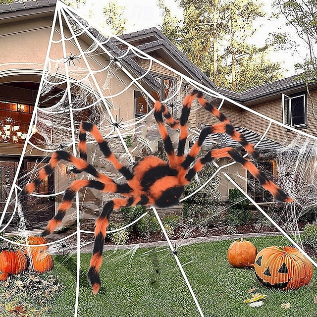  Halloweenská dekorace pavouk, venkovní halloweenská pavoučí oranžovo-černé pruhované dekorace, měkký chlupatý strašidelný pavouk realistický velký pavoučí rekvizity pro domov, zahradu, párty,