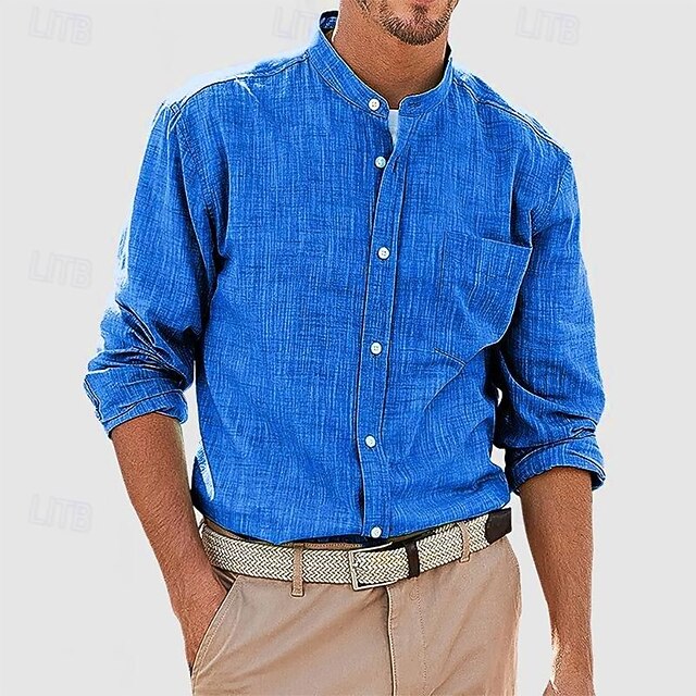 Men's Shirt Chinese Collar Shirt Mandarin Collar Shirt Summer Shirt Casual Shirt Beach Shirt White Red Navy Blue Blue Long Sleeve Plain Band Collar Vacation Hawaiian Pocket Clothing Apparel Polyester4