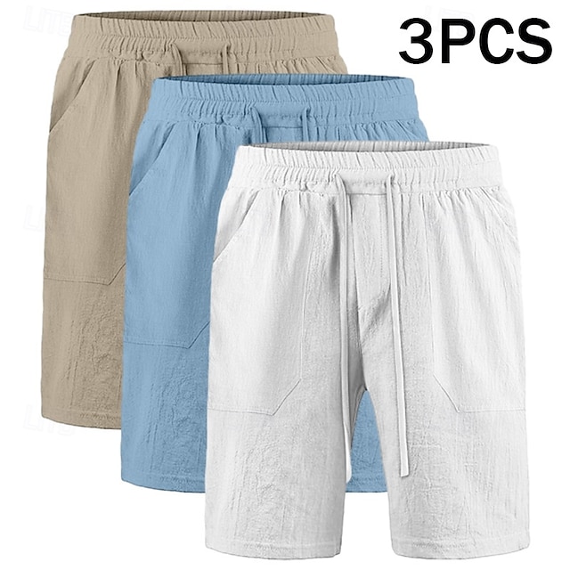  Herren Shorts Leinenshorts Sommershorts Strandshorts Tasche Kordelzug Elastischer Bund Einfach Komfort Atmungsaktiv Knielang Lässig Täglich Ferien Urlaub Mode Weiß + Schwarz + Grau schwarz+khaki+blau