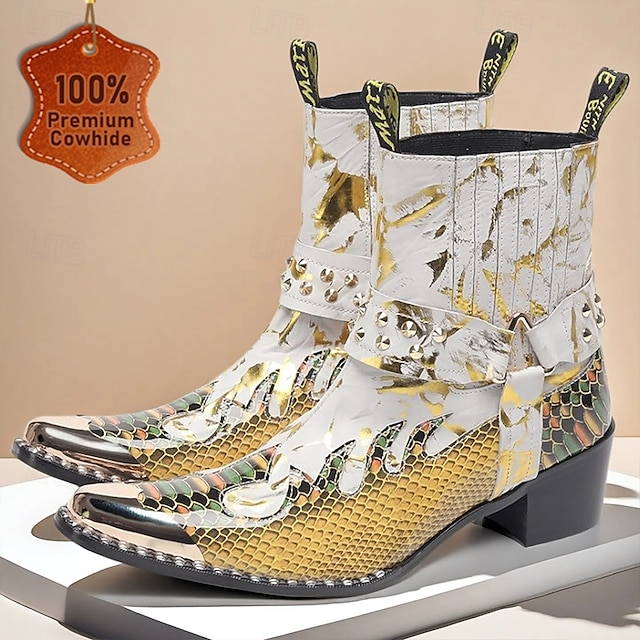  Pánské bílo-zlaté kožené westernové boty s květinovým vzorem a zapínáním na zip - trendy boty pro běžné nošení i slavnostní nošení