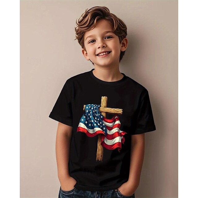  Amerikaanse Onafhankelijkheidsdag Jongens 3D Grafisch Vlag T-shirt Korte mouw Zomer Lente Modieus Basic Kinderen 4-12 jaar Strakke ronde hals Buiten Casual Dagelijks Normale pasvorm