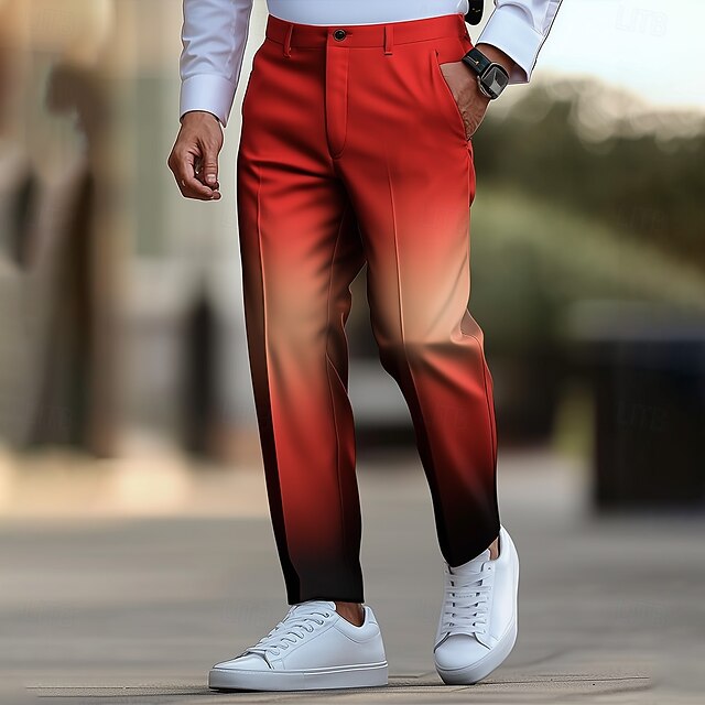 Men's Gradient Color Dress Pants Trousers Suit Pants Mid Waist Casual Outdoor Vacation Regular Fit Flat-Front Straight Leg Pants with Pockets Summer Spring Fall 3D Print Red4