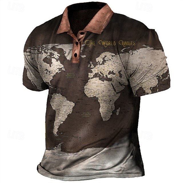 Men's Nautical Polo Shirts Golf Shirt Short Sleeve Polo Shirts Collared Shirts Vintage Casual Vacation Wear Boat Wear Party Outfits Buttons 3D Print Black Blue Brown 7