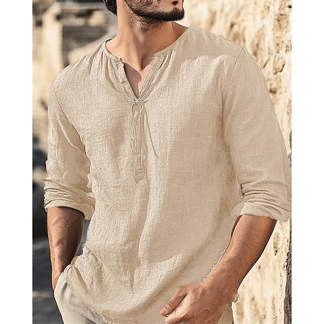  Herren Hemd Leinenhemd Popover-Hemd Freizeithemd Baumwollhemd Einfach Urlaub Hawaiianisch Schwarz Weiß Braun Grün Langarm V Ausschnitt Frühling Herbst Bekleidung