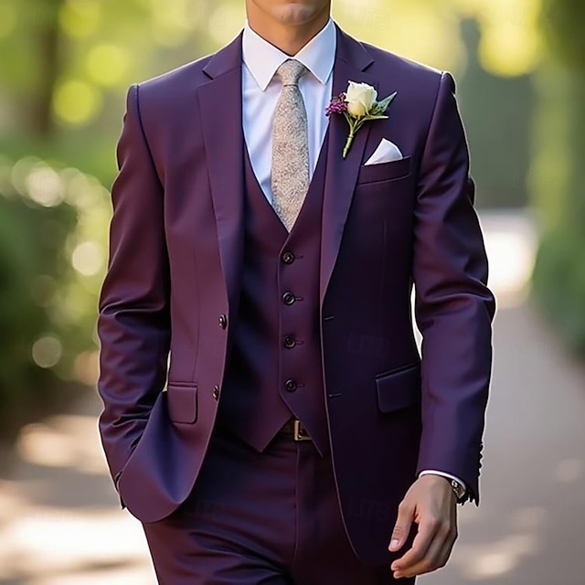  Men's Wedding Party Evening Wear Suits Grape Dark Grey Fashion Formal Solid Colored Standard Fit 3 Piece Single Breasted Two-buttons
