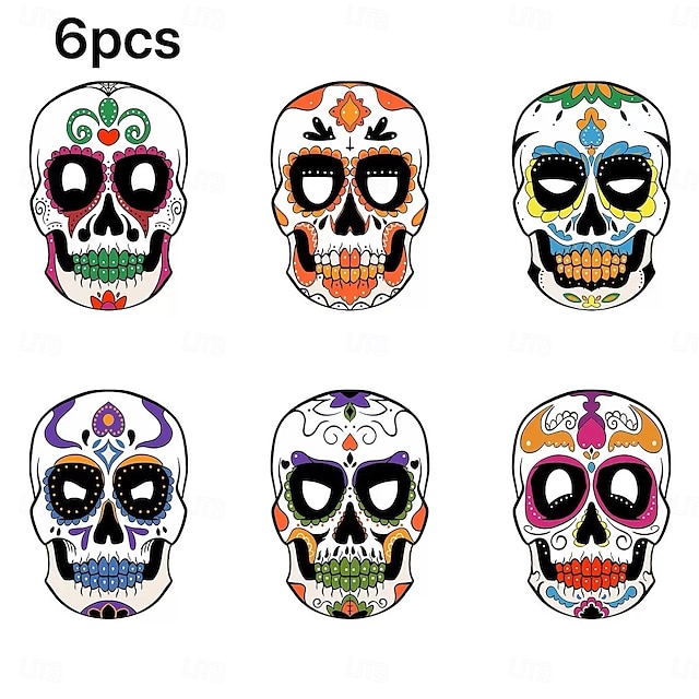  6pcs Mexican Day of the Dead Halloween Paper Masks, Festival Party Decorations, Scary Paper Masks for Halloween and Dia de los Muertos