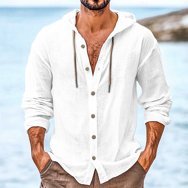  Per uomo Camicia Camicia di lino Abbigliamento da spiaggia Camicia con Bottoni Camicia con cappuccio Semplice Vacanza Casuale Nero Bianco Verde Cachi Manica Lunga Con Cappuccio Primavera & Estate