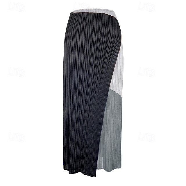  Dam Kjol Elegant Vintage Mode Ledigt Midi Medium Midja Kjolar Färgblock Rynkad Lappverk Asymmetrisk nederkant Elastisk Semester Fest Ljusgrå Sommar Polyester