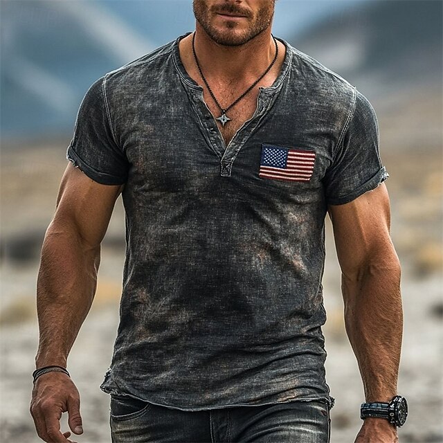 Men's T Shirt Henley Shirt Tee Short Sleeve Shirt Short Sleeve Henley Summer American Flag Fashion Designer Basic Print Vacation Street Going out Black Top Tee for Men4