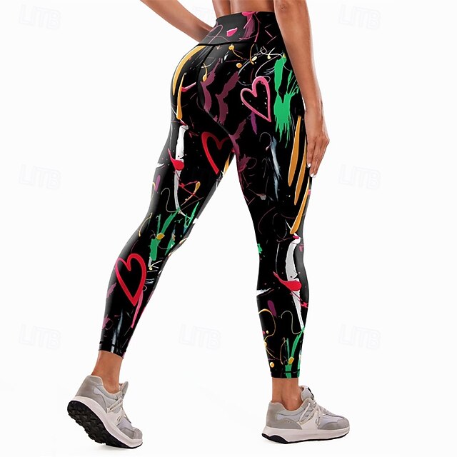 Women's Tights Leggings Cozy Leggings Streetwear Casual Full Length High Waist Heart Elastic Waist Breathability Sports Stretchy Vacation Casual Daily Wear Black Summer Regular Fit2