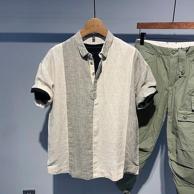  Herren Hemd Leinenhemd Popover-Hemd Freizeithemd Baumwollhemd Farbblock Urlaub Straße Aprikose Grau Kurzarm Umlegekragen Sommer Bekleidung Patchwork