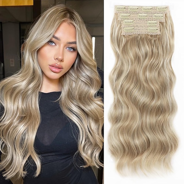  Extension per capelli, 4 pezzi, extension con clip, 20 pollici, biondo spiaggia, lunghe, ondulate, naturali, morbide, sintetiche, per donna