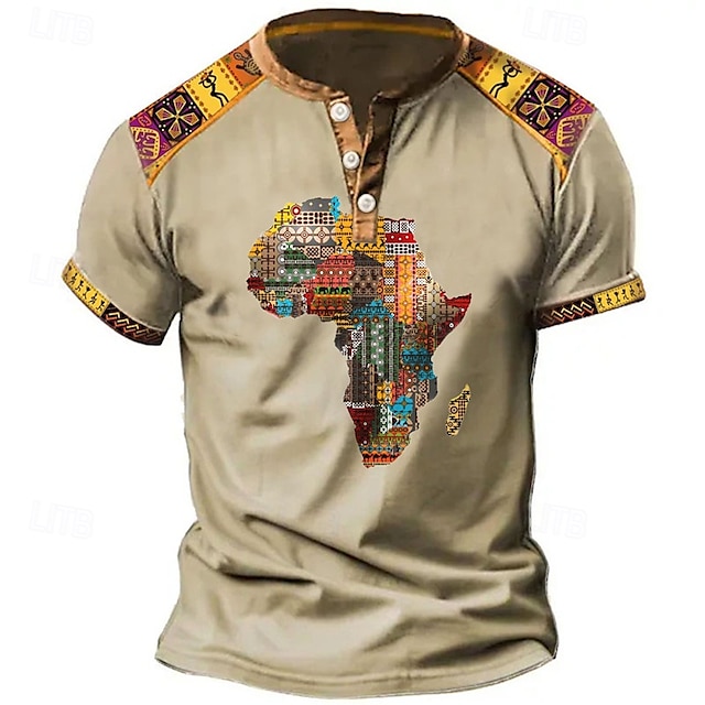  Pánské Grafika Etno Tričko Henley Vintage košile Krátký rukáv 3D tisk Designové Geleneksel Pohodlné Venkovní Denní Léto Černá Vodní modrá Hnědá Trávová zelená Henley Tričko Henley