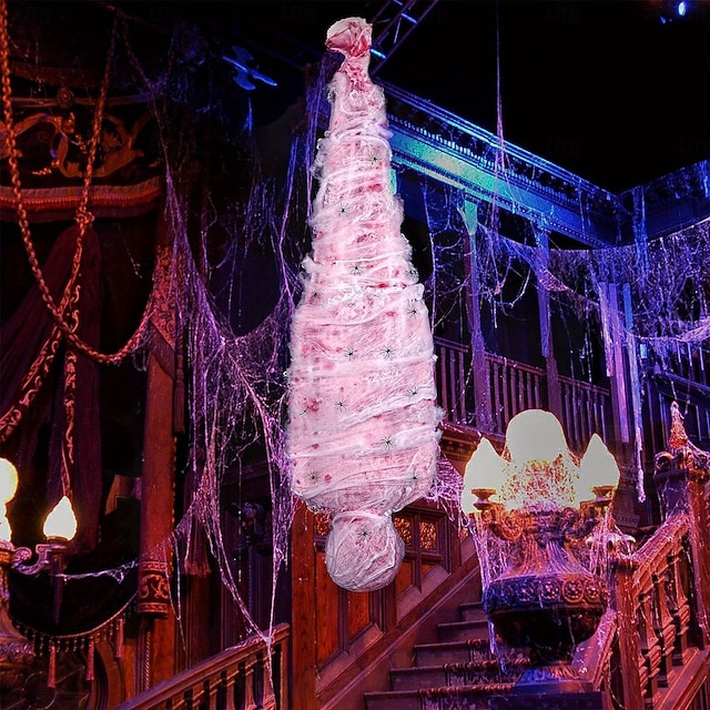  Adereços de Halloween para ambientes internos e externos - corpo de cadáver assustador com teia de aranha falsa e decoração de árvore pendurada, material plástico de estilo contemporâneo, sem penas,