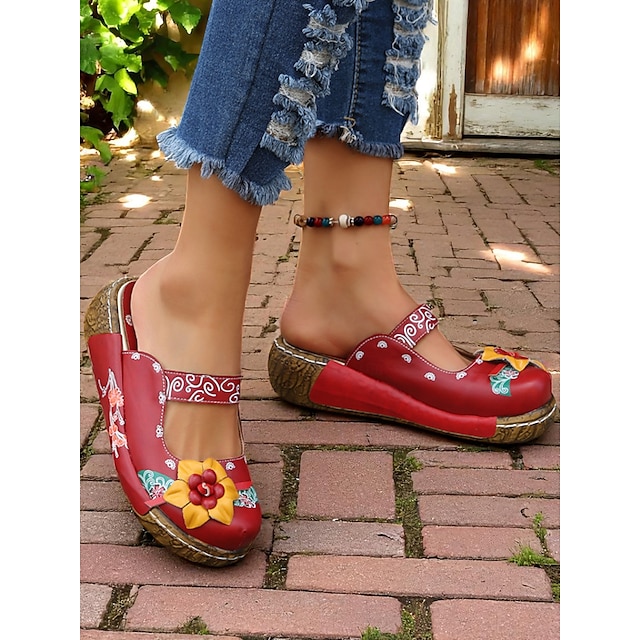  Sabots à enfiler en cuir violet à motif floral pour femme avec application de fleurs 3D – chaussures confortables bohèmes vintage pour les loisirs, le jardinage et les voyages