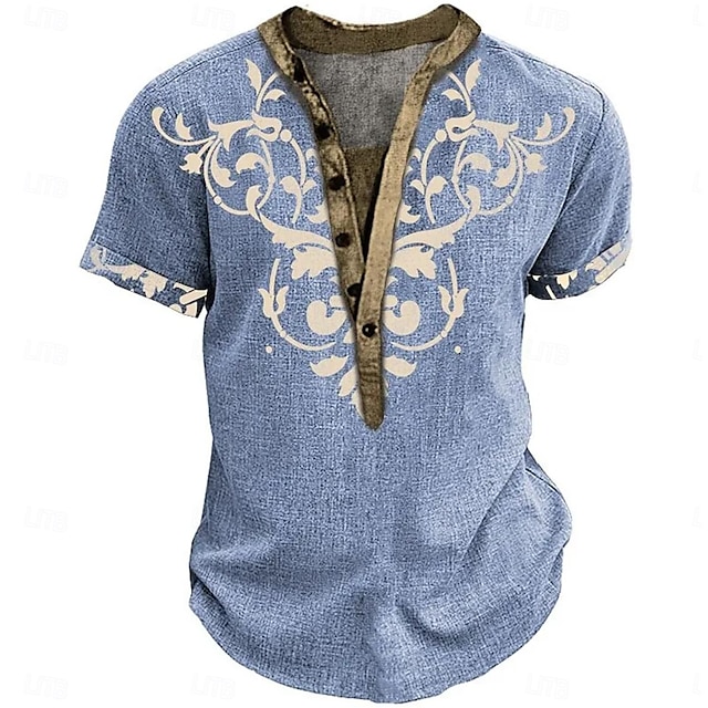  Herre Bøhmisk Etnisk T-shirt Henley-skjorte T-Shirts Kortærmet Designer Basale Etnisk udendørs Afslappet Daglig Sommer Lyseblå Henley Henley T-shirt