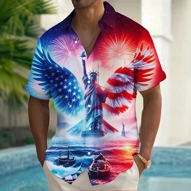  Jour de l'Indépendance Homme Statue de la Liberté Drapeau américain Patriotique Chemise Chemise d'été Chemise Boutonnée Manche Courte Mode Décontractée Fête Été Printemps Col Rabattu Impression 3D