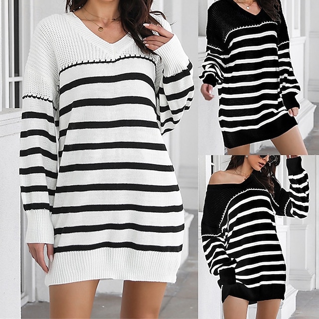  Femmes Mini Robe Robe Pull Robe Décontractée Mode Extérieur Soirée Fête Coupe régulière Rayé manche longue Col en V Noir Blanche Automne