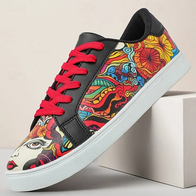 Sneakers da skate da uomo con stampa graffiti colorata: scarpe streetwear artistiche con lacci per giovani, festival e stile quotidiano