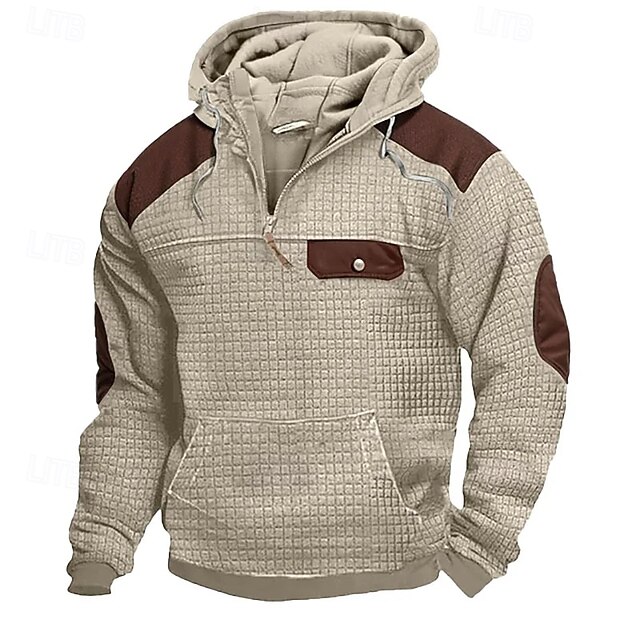 Men's Hoodie Waffle Hoodies Quarter Zip Hoodie Light Khaki. Hooded Color Block Pocket Ribbed Textured Sports & Outdoor Daily Holiday Polyester Streetwear Basic Casual Spring &  Fall Clothing Apparel4