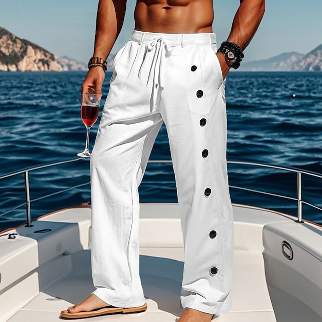  Homens Calças de linho Calças Calça verão Calças largas Calças de praia Com Cordão Botão Lateral Perna reta Tecido Conforto Respirável Comprimento total Casual Diário Feriado Férias Moda Preto Branco