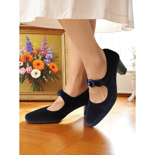  Escarpins Mary Jane en velours vert pour femme avec boucle ronde – Talons mi-hauts style vintage années 1920 pour fêtes, mariages et tenues rétro