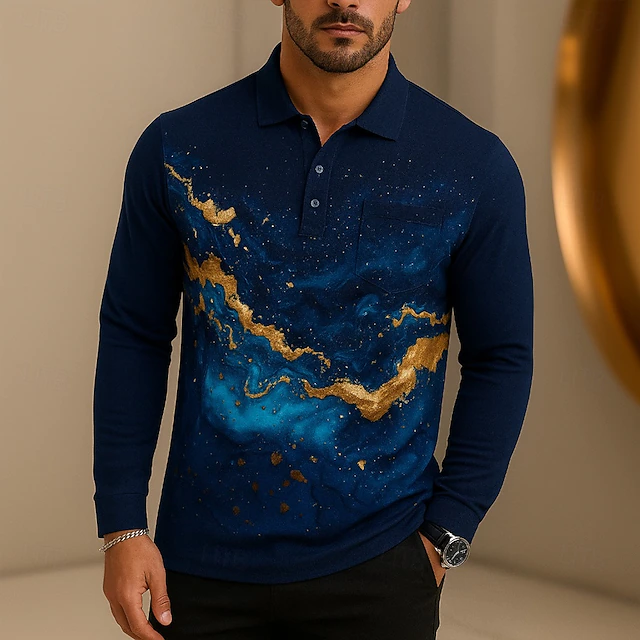 Men's Marble Polo Long Sleeve Polo Shirts Lapel Casual Athleisure Pocket Buttons Summer Spring Fall Black4