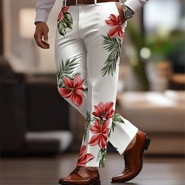 Men's Floral Print Flowers Dress Pants Trousers Suit Pants Mid Waist Casual Vacation Party Regular Fit Flat-Front Straight Leg Pants with Pockets Summer Spring Fall 3D Print White4