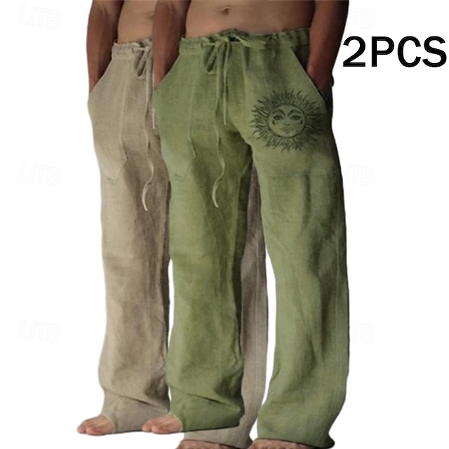  Homens Calças de linho Calças Calça verão Calças largas Calças de praia Com Cordão Cintura elástica Perna reta Gráfico Sol Respirável Macio Comprimento total Ao ar livre Casa Casual Moda Roupa de rua