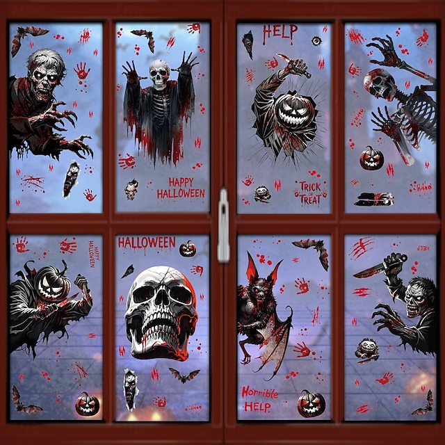  8 listů halloweenských samolepek na okna, statické skleněné samolepky s dýní, kostrou a netopýrem, dekorace do výloh obchodů a obchodních center.