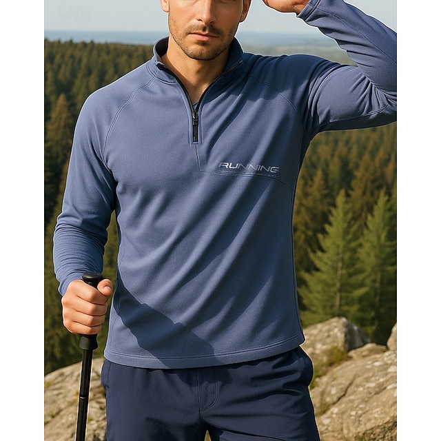  Bărbați Hanorac polo Top de alergare Top de drumeție Manșon Lung Guler de stand Tricou Tee Topuri În aer liber Uscare rapidă Ușor Elastic Respirabil Sfert de fermoar Poliester Gri Închis Negru Verde