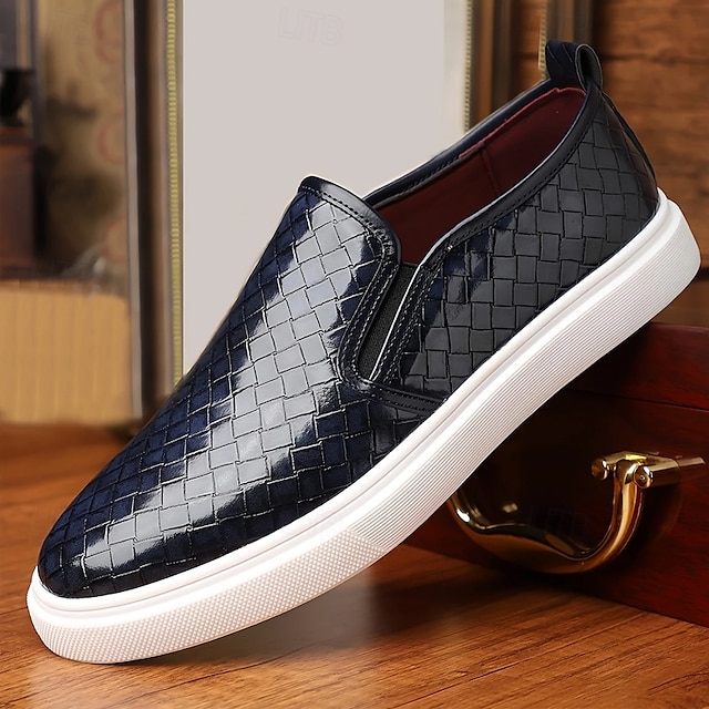  Slip-on herresneakers med vævet mønster – stilfuld kurveflettet tekstur med hvid sål, komfortable afslappet sko til hverdag og street style
