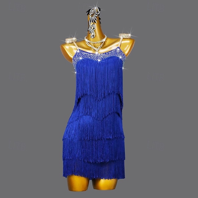  Latin Salsa Dance Dress Crystal / Rhinestone Tassel Pure Color Women's Performance Sleeveless Spandex