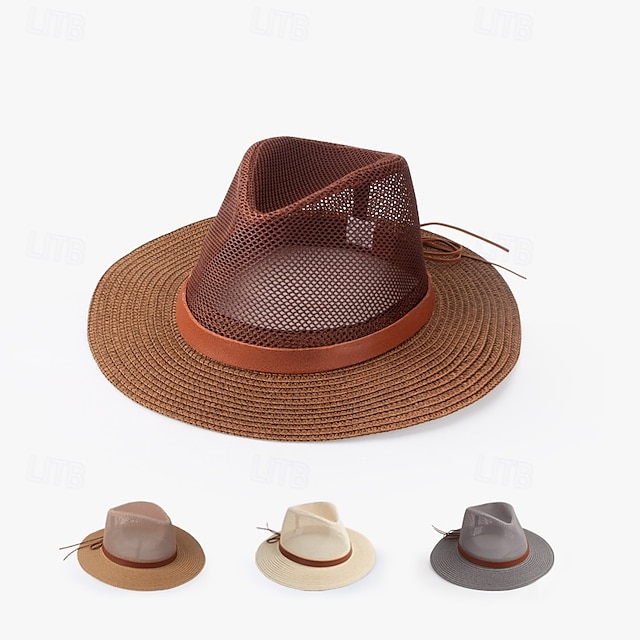  Zomerse cowboyhoed met grote rand, gebreid met net, platte rand, bescherming tegen de zon, opvouwbare herenhoed, strandhoed, casual