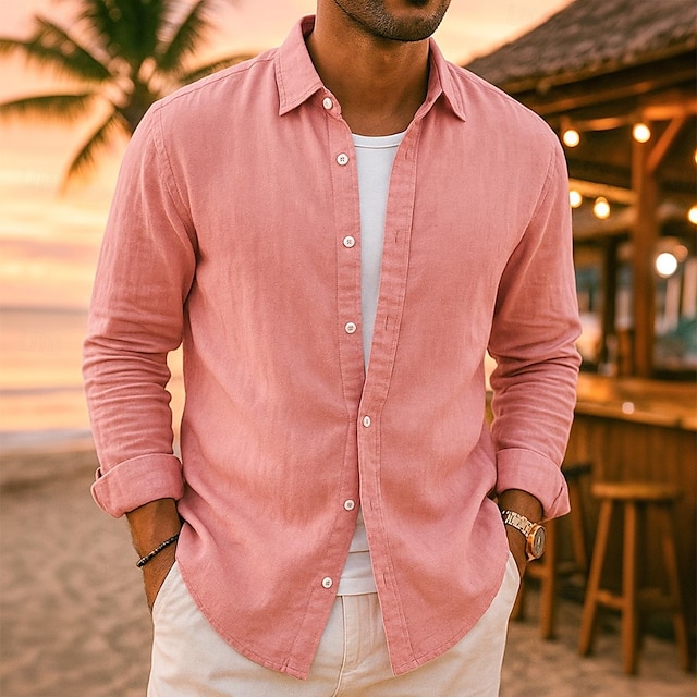  Herren Leinenhemd Sommerhemd Strandbekleidung Freizeithemd Knopfhemd Einfach Urlaub Lässig Schwarz Weiß Rosa Marineblau Langarm Revers N / A Bekleidung Rein