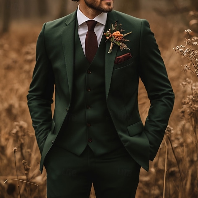  Pour des hommes Mariage Costumes Vert foncé Mode Formel Couleur Unie Coupe Standard 3 pièces Simple Boutonnage Deux Boutons