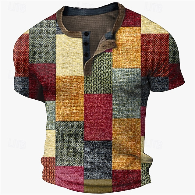 Men's Graphic Color Block Plaid / Check Waffle Henley Shirt Short Sleeve 3D Print Fashion Designer Basic Outdoor Street Daily Summer Yellow Blue Coffee Gray Henley Henley T-Shirt 5