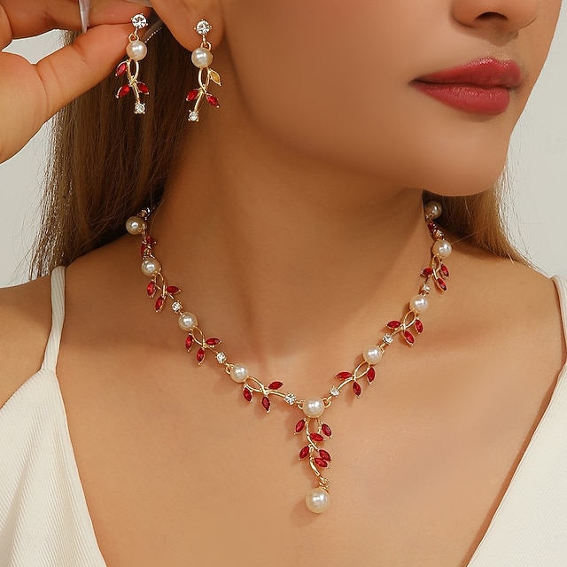  Los sistemas nupciales de la joyería 2 Zirconio Perla Artificial Brillante 1 Collar Pendientes Mujer Elegante Sencillo Bonito Cuentas Forma de Hoja Mariposa Irregular Conjunto de joyas Para Boda