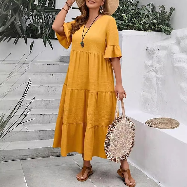  Women's Maxi Dress A Line Dress Vacation Casual Beach Daily Holiday Date Plain Half Sleeve V Neck Navy Black Ivory Yellow Summer