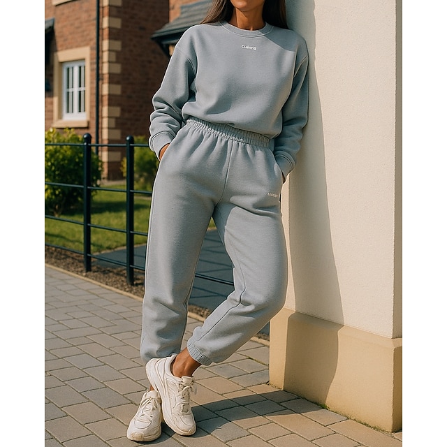  Жен. Спортивный костюм Штаны Свитер-свитшот Карман Однотонный Наборы одежды Весна Белый Темно-серый Тренажерный зал Тренировки Бег С защитой от ветра Длинный рукав Спорт Спортивная одежда