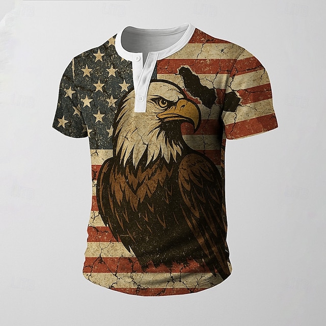  Homens Gráfico Bandeira Águia Camiseta Camisa Henley Manga Curta Vintage Designer Retro Vintage Rua Casual Diário Verão Primavera Verde Militar Preto Branco Vermelho Henley Camiseta Henley