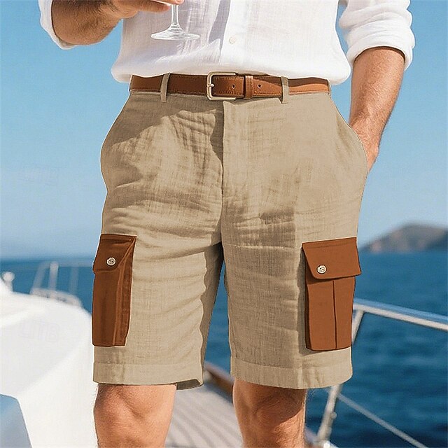 Men's Shorts Linen Shorts Summer Shorts Beach Shorts Multi Pocket Flap Pocket Color Block Comfort Breathable Short Vacation Holiday Beach Hawaiian Boho Green Khaki4