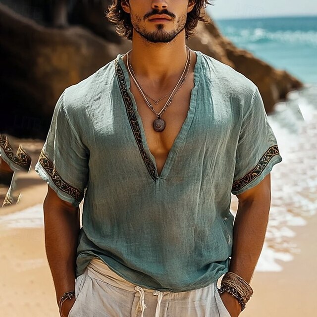 Men's T Shirt Tee Short Sleeve Shirt Tee Top Short Sleeve V Neck Summer Embroidery Bohemia Vintage Casual Patchwork Vacation Street Casual Daily Light Sky Blue Top Tee for Men4