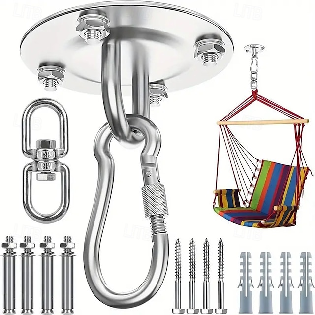  Cabide de balanço de trabalho de 6 peças - gancho de aço inoxidável para suporte de teto, kit de ferragens para balanço, rede, ioga, saco de areia, várias academias internas e externas