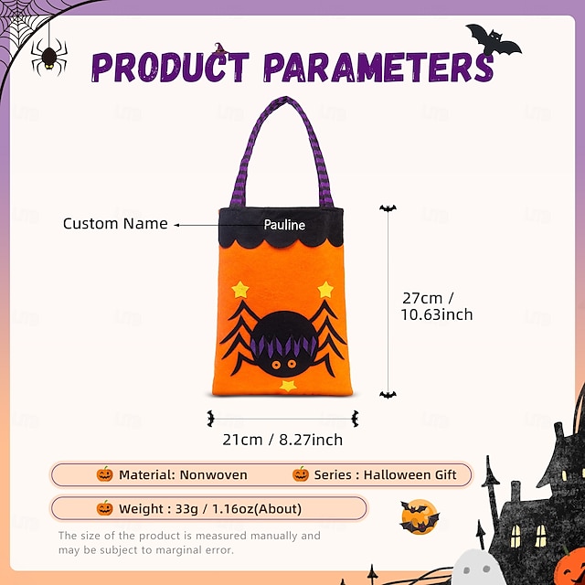  Personalisierte Halloween-Leckerli-Tasche mit Namen für Kinder, individueller Süßigkeiten-Tragekorb für „Süßes oder Saures“, auffällige Tasche aus Vliesstoff mit großem Fassungsvermögen,