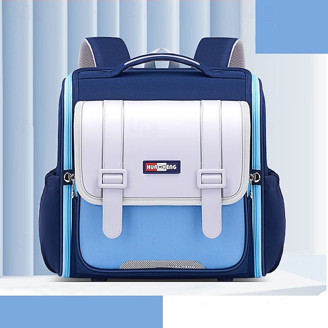  Mochila quadrada com blocos de cores, à prova d'água, estilo britânico, estudante, alta capacidade, capa flip, bolsa externa, corda elástica, bolsa para copo de água