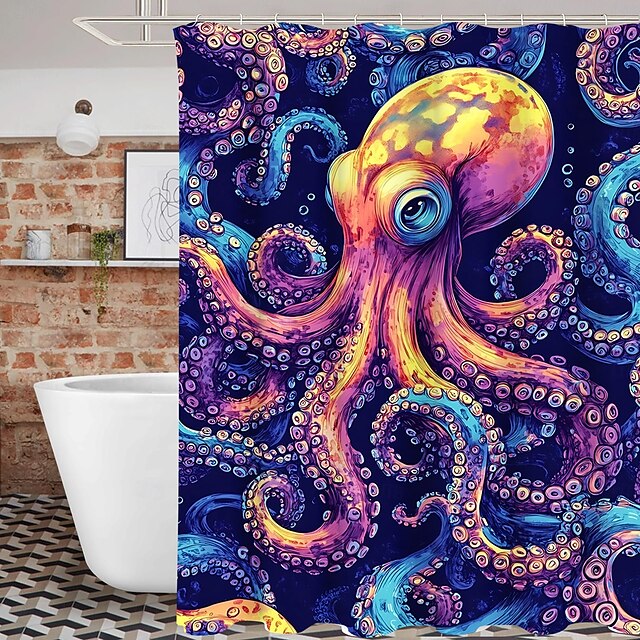  Cortina de chuveiro com estampa de tartaruga e animais marinhos com ganchos para banheiro, conjunto de decoração para banheiro, poliéster à prova d'água, pacote com 12 ganchos de plástico